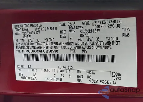 2015 Ford Escape Titanium from USA, damaged, VIN 1FMCU9JX6FUB58518